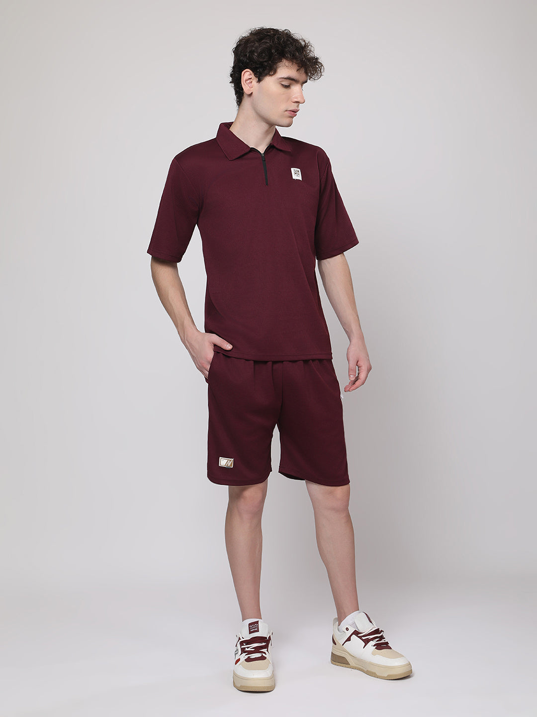 Burgundy Half-Zip Polo T-Shirt & Shorts Co-Ord Set