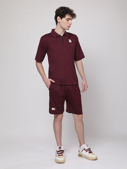 Burgundy Half-Zip Polo T-Shirt & Shorts Co-Ord Set