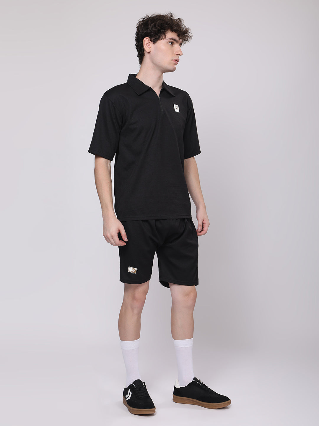 Jet Black Half-Zip Polo T-Shirt & Shorts Co-Ord Set