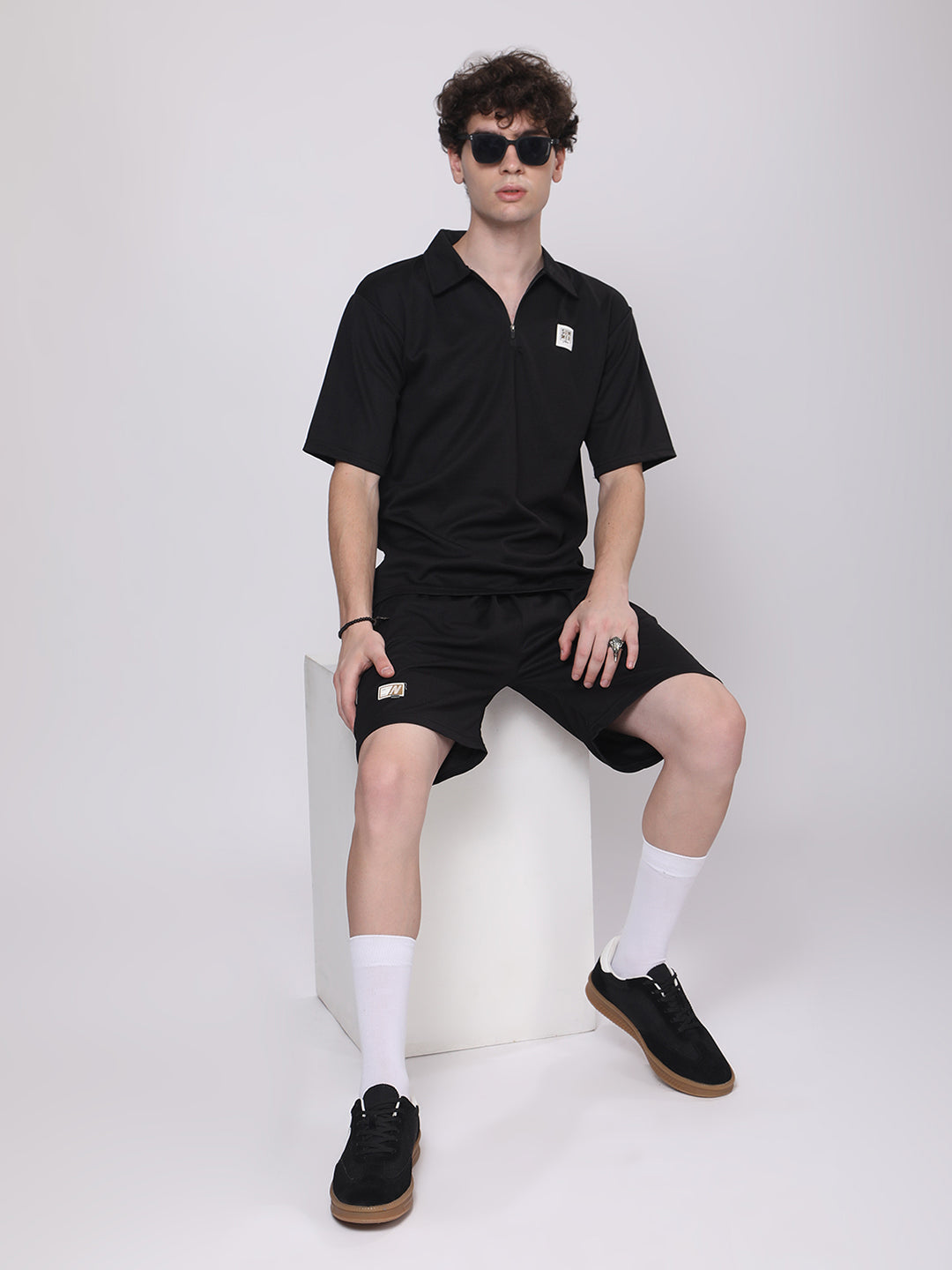 Jet Black Half-Zip Polo T-Shirt & Shorts Co-Ord Set