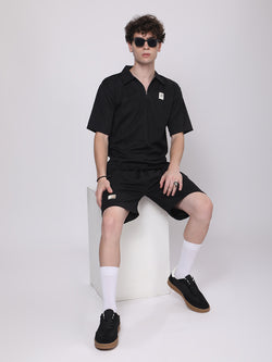 Jet Black Half-Zip Polo T-Shirt & Shorts Co-Ord Set