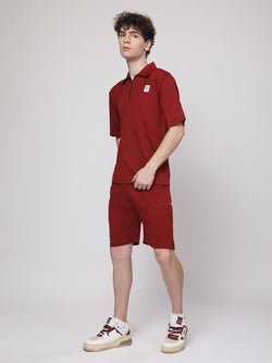 Brick Red Half-Zip Polo T-Shirt & Shorts Co-Ord Set