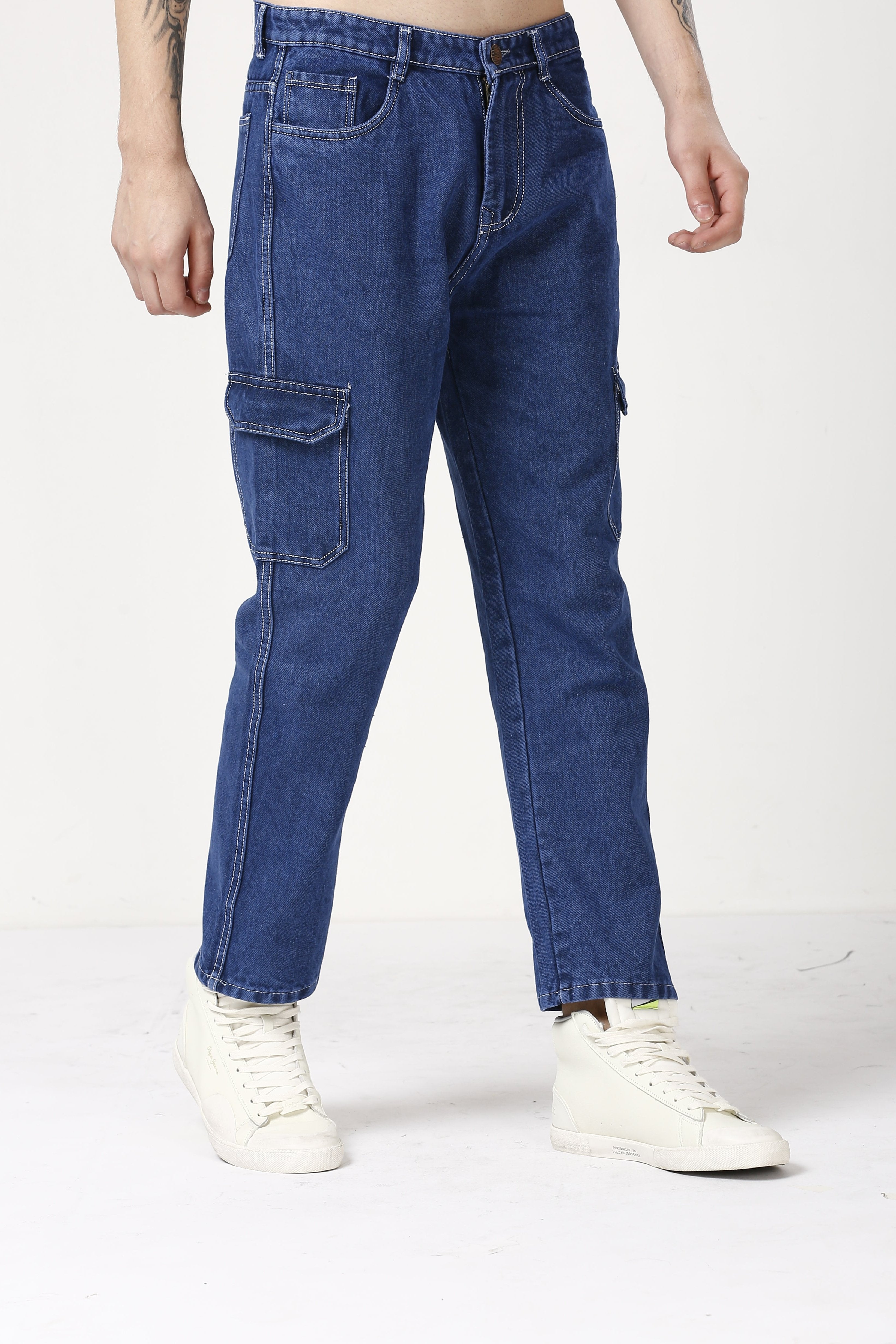 Trendy Blue Baggy Fit Cargo Jeans