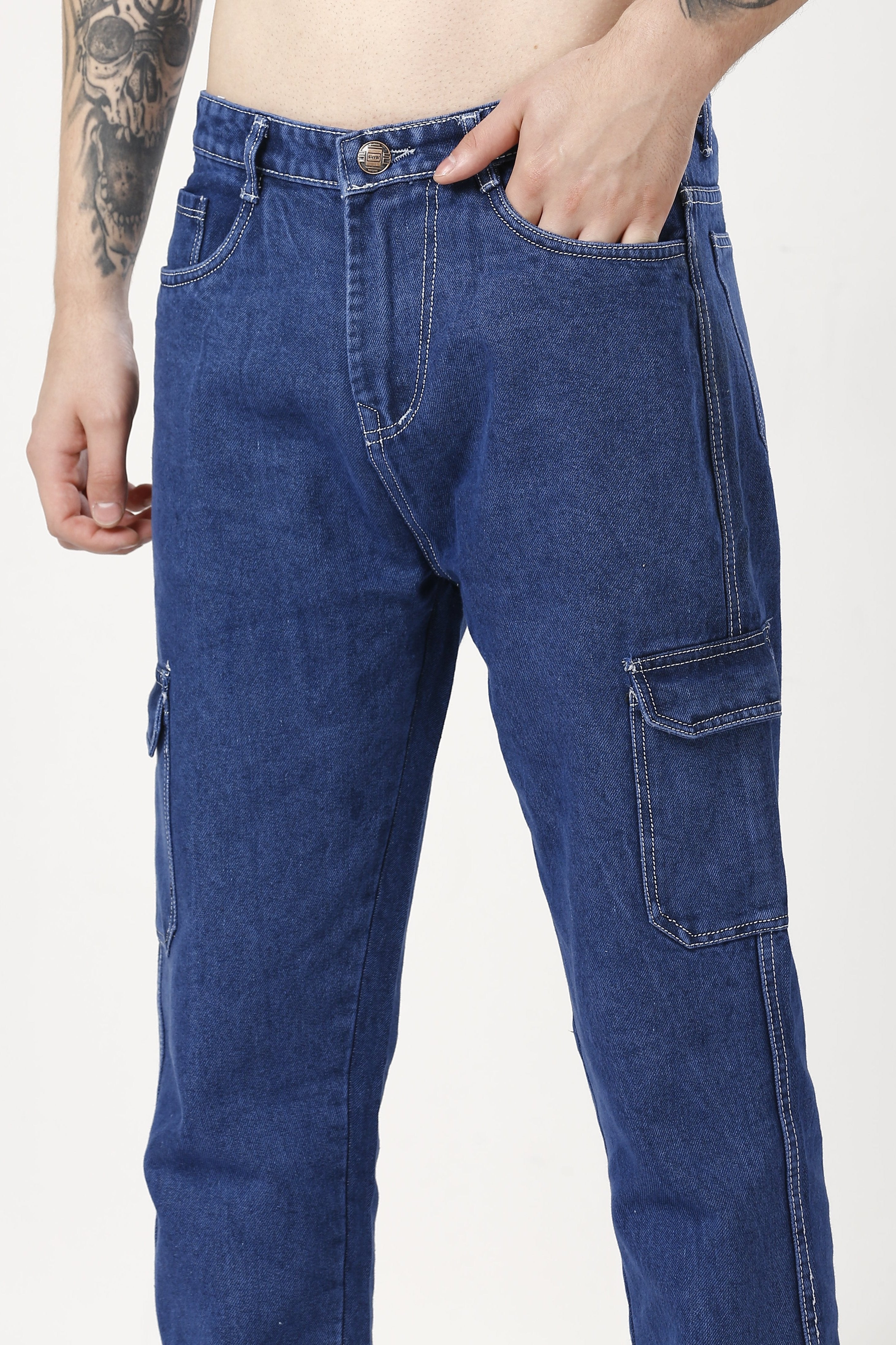 Trendy Blue Baggy Fit Cargo Jeans