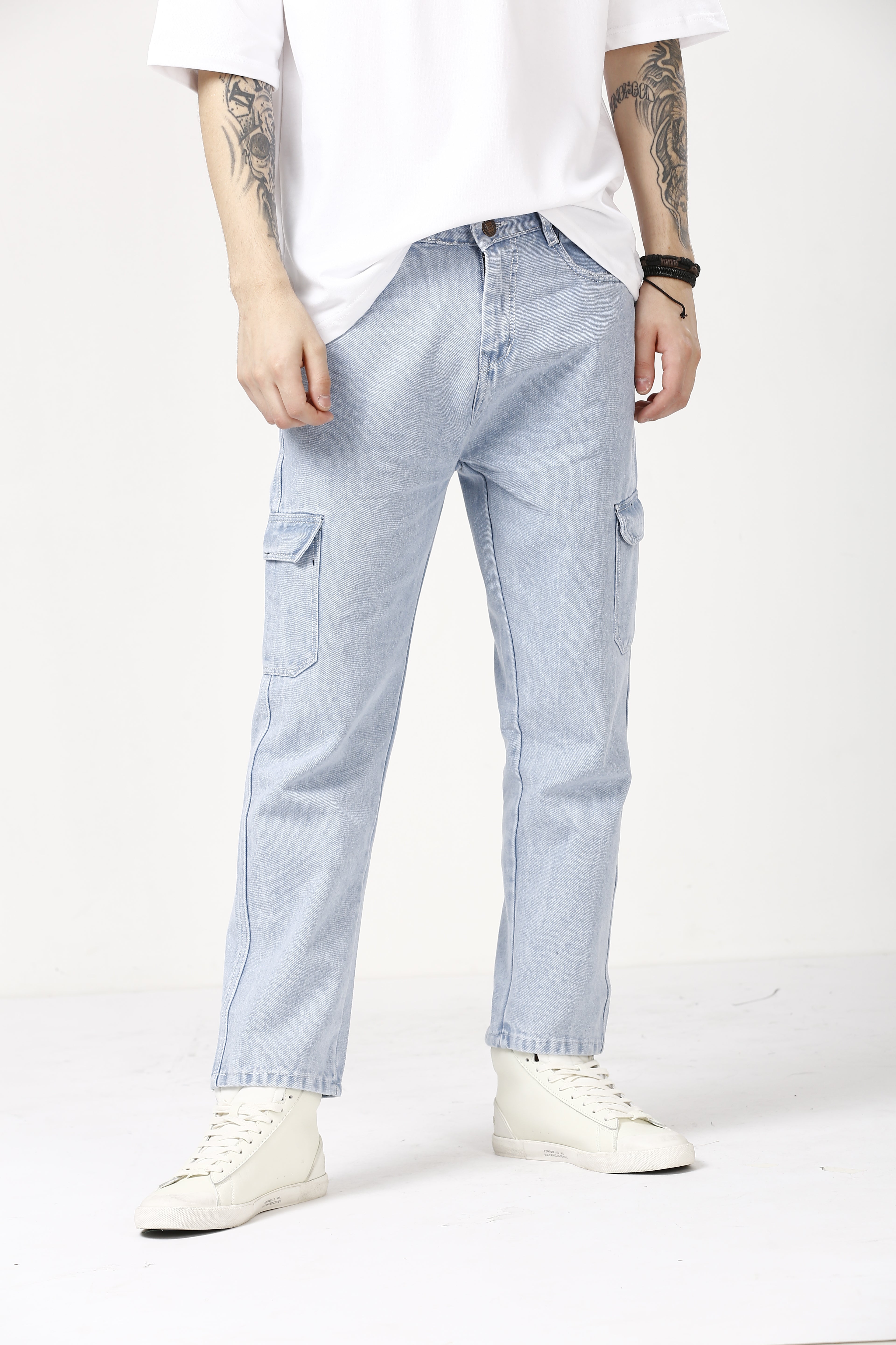 Trendy Pale Aqua Baggy Fit Cargo Jeans