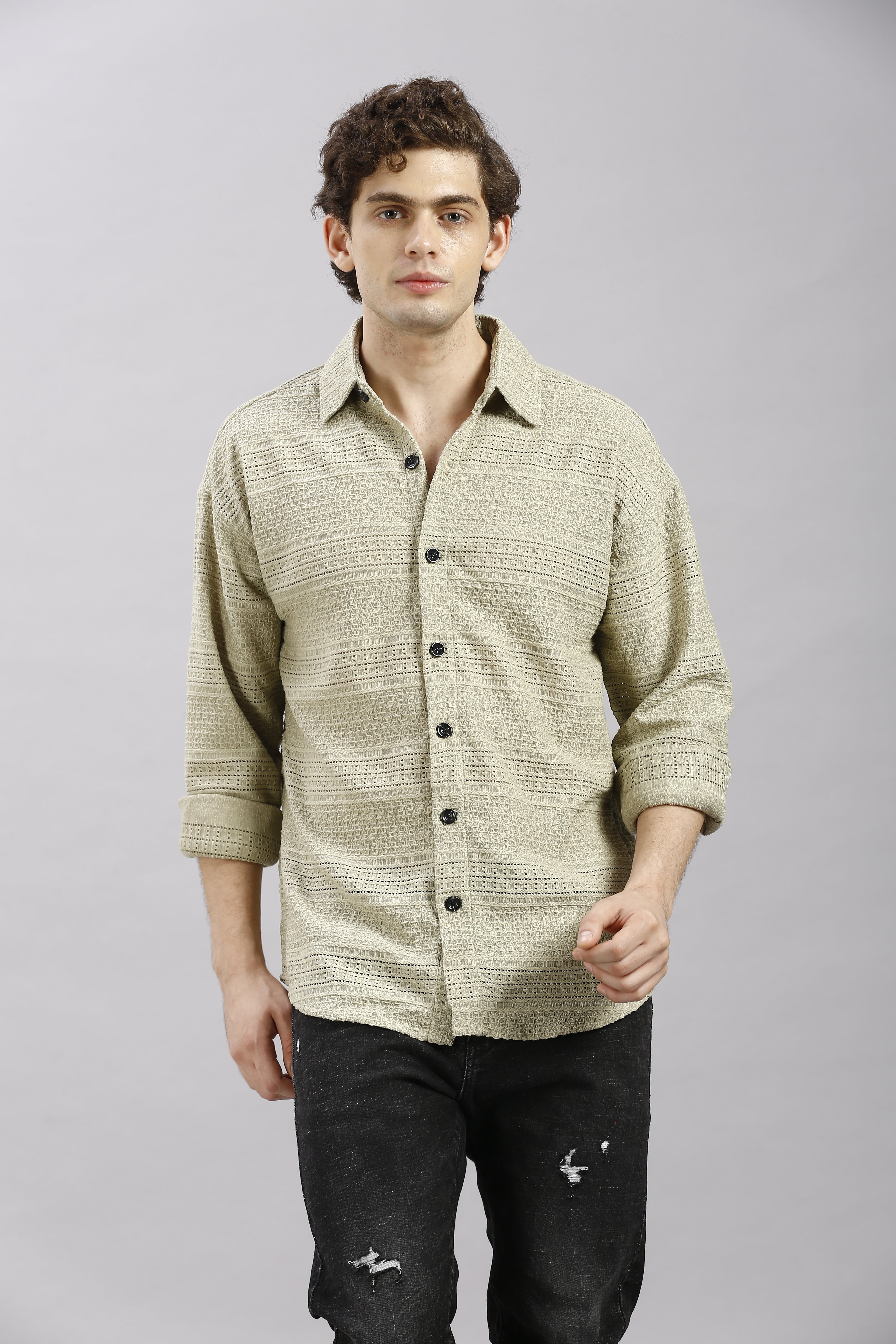 Stylish Grey Olive Transparent Net Fabric Shirt