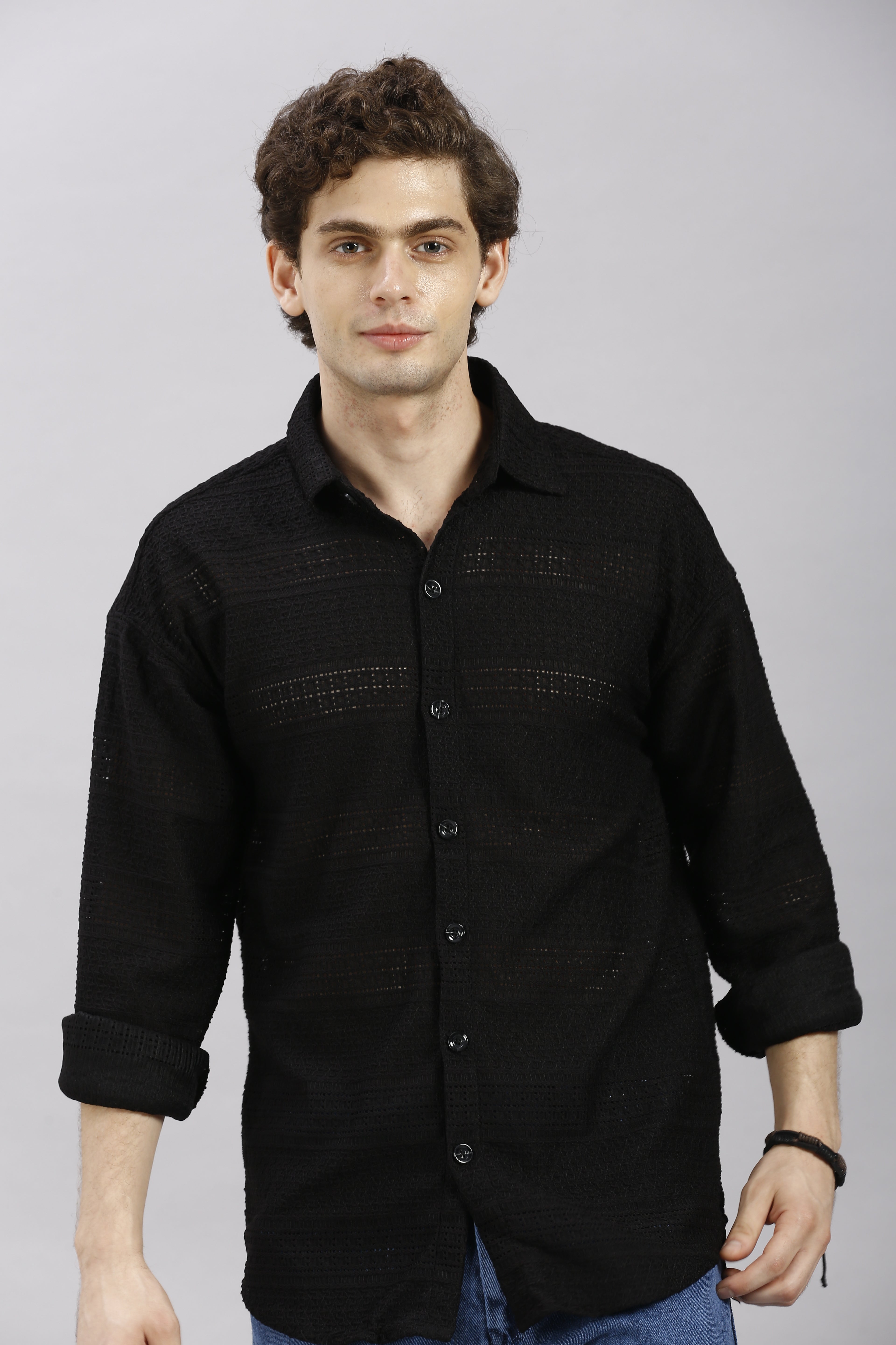 Stylish Black Transparent Net Fabric Shirt