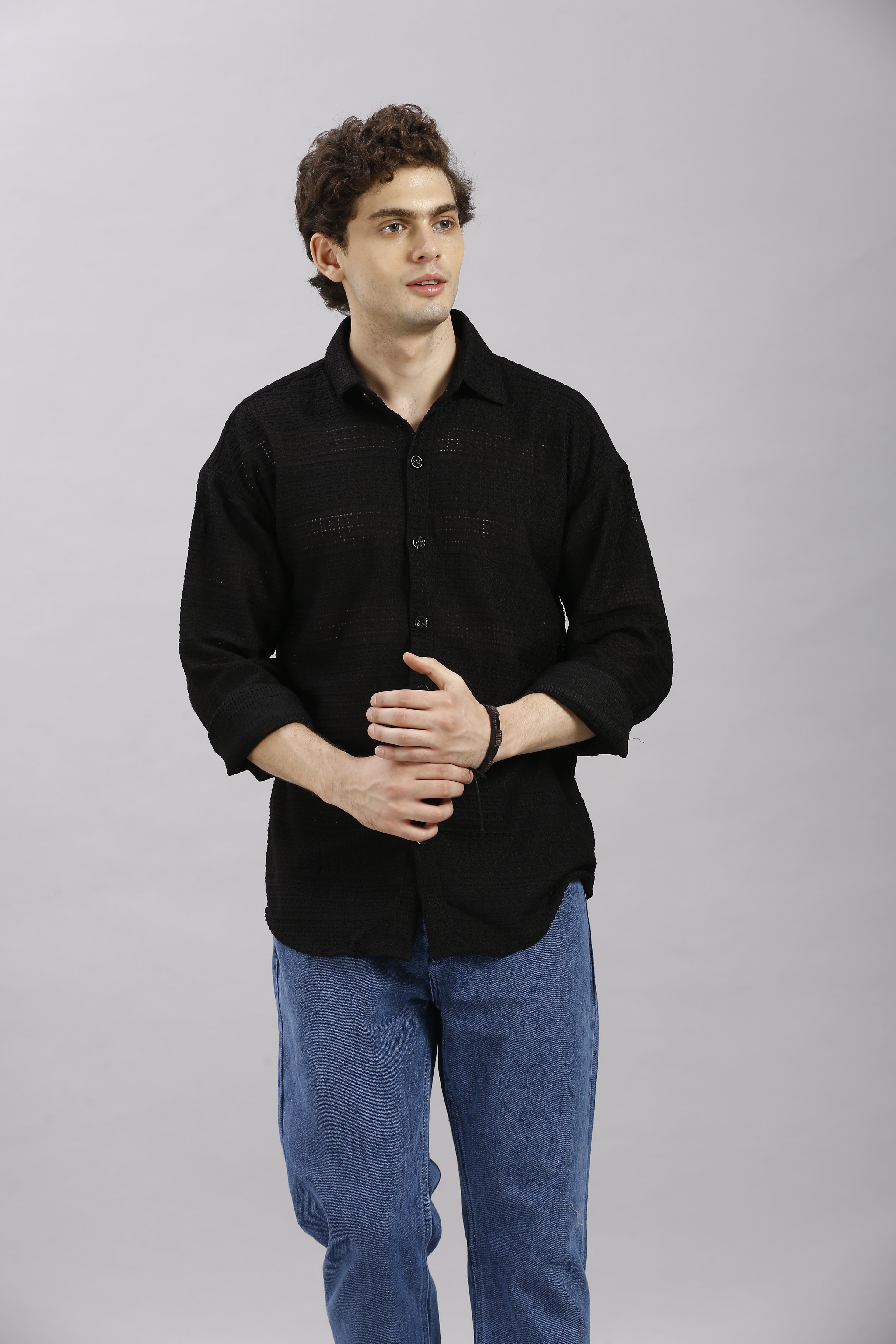 Stylish Black Transparent Net Fabric Shirt