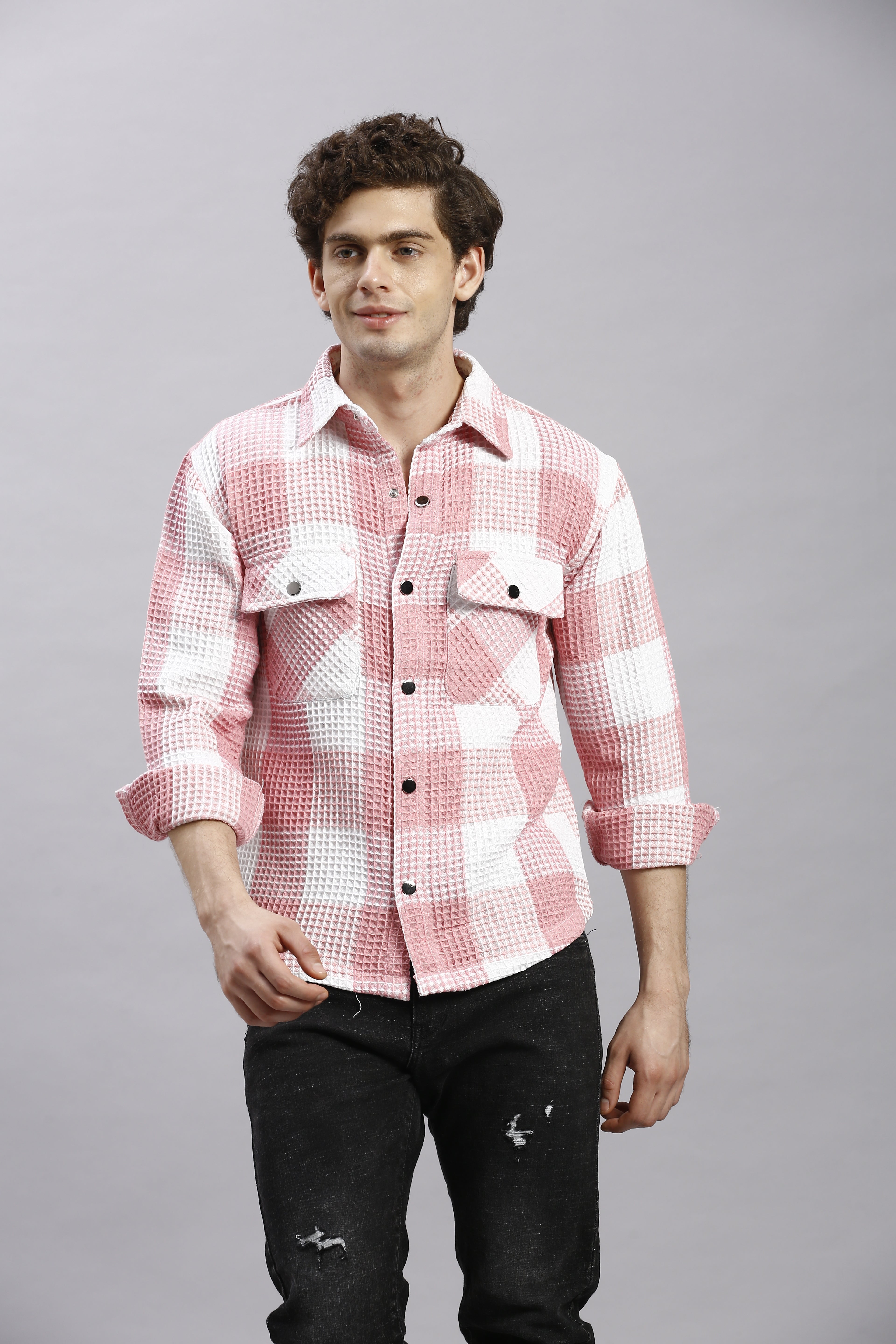 Greyish Pink & White Checks Oversize Shirt