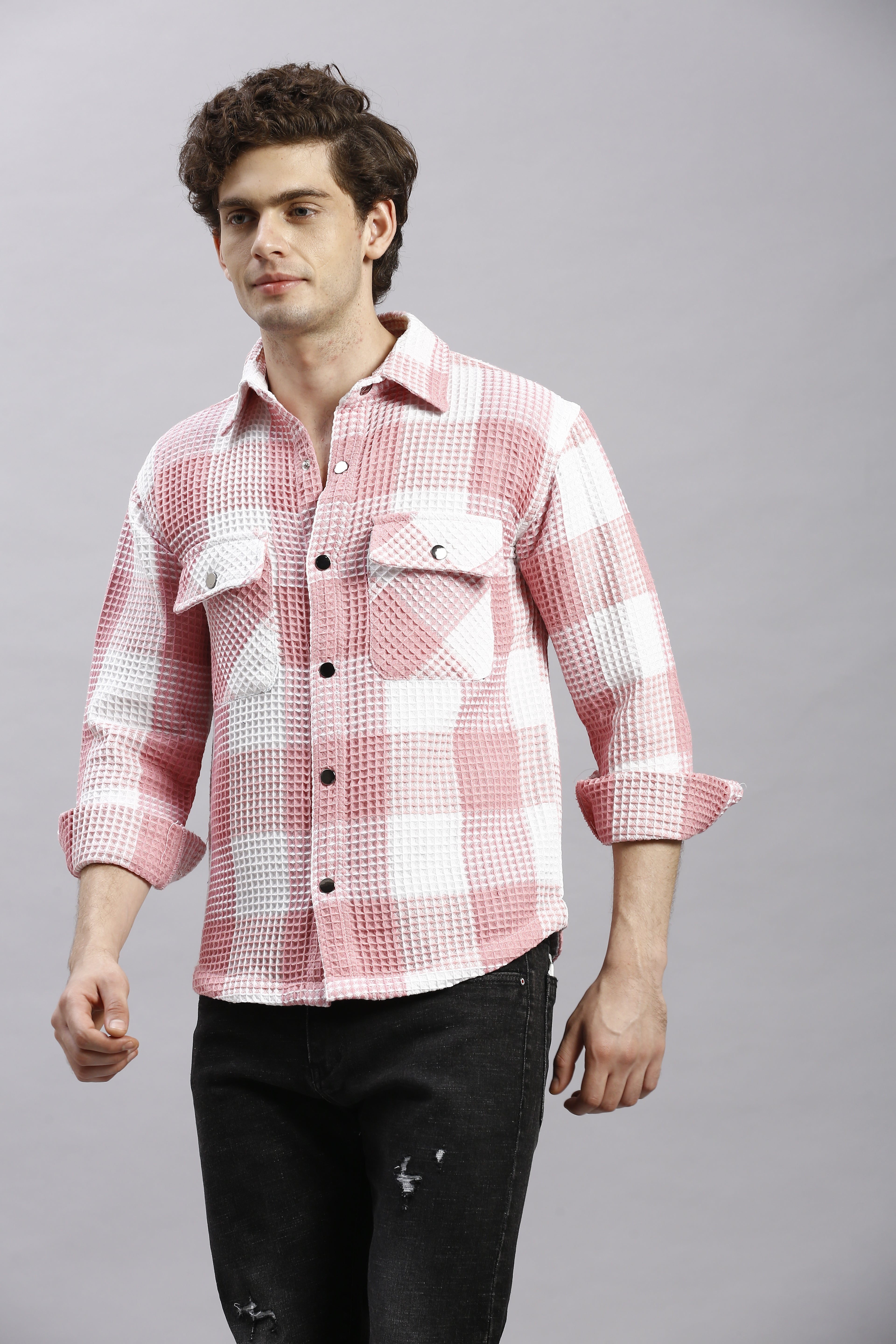 Greyish Pink & White Checks Oversize Shirt