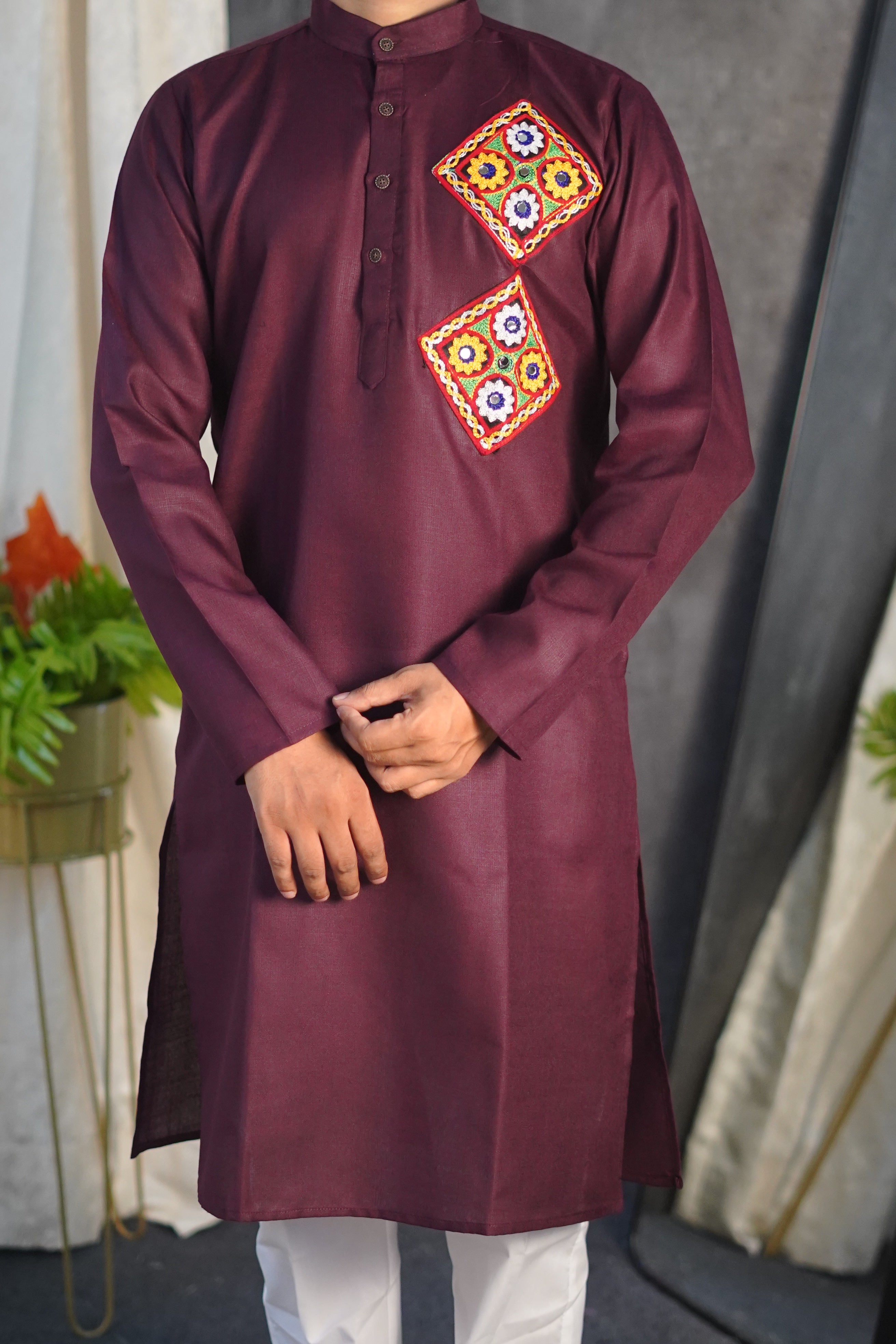 Kutchi Embroidered Maroon Kurta