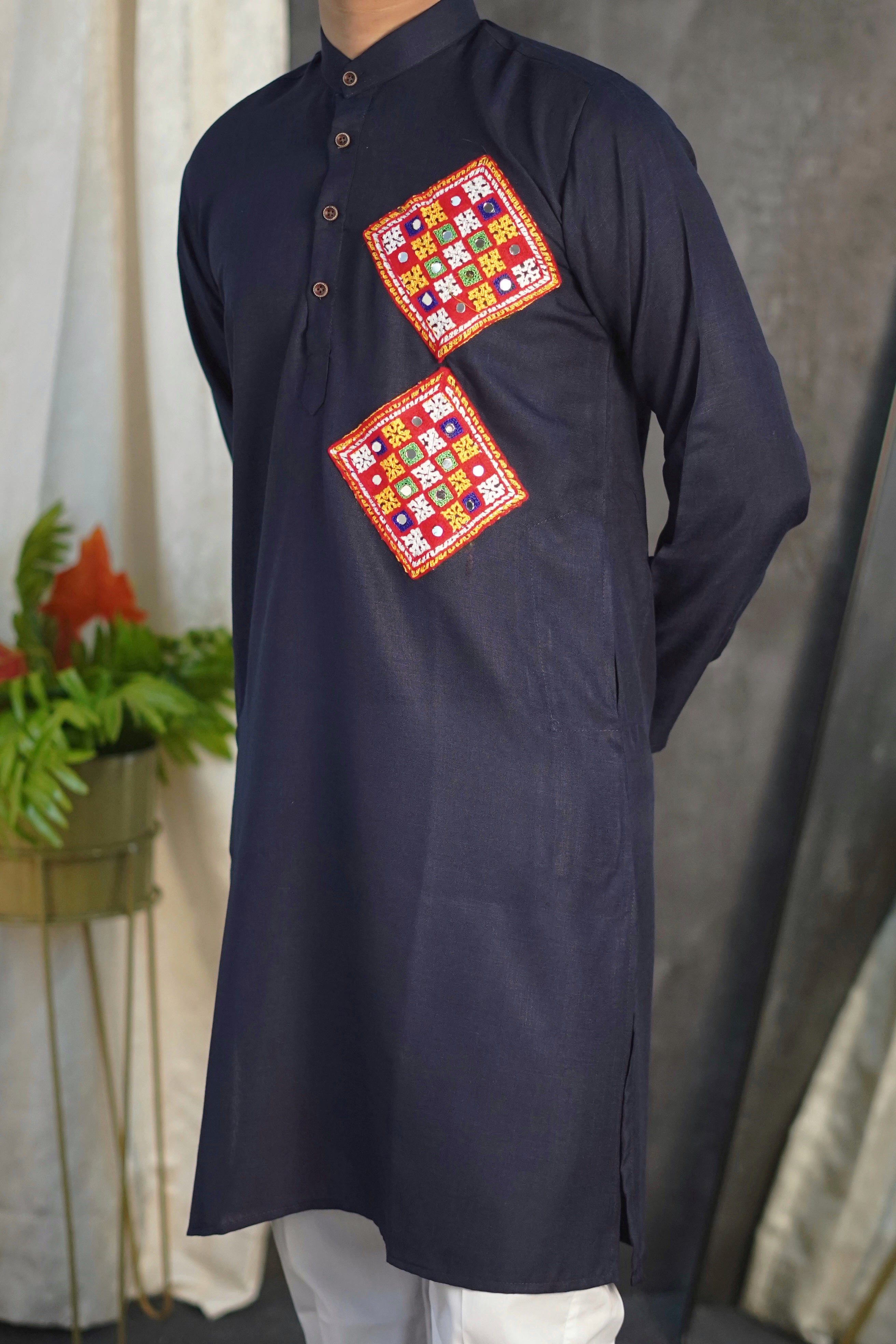 Kutchi Embroidered Navy Blue Kurta