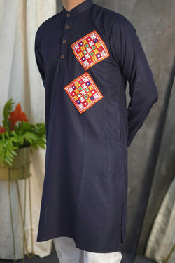 Kutchi Embroidered Navy Blue Kurta