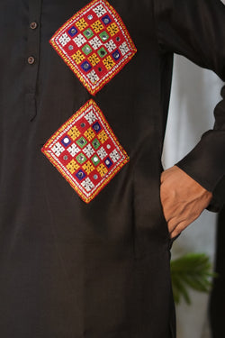 Kutchi Embroidered Black Kurta