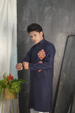 Kutchi Embroidered Navy Blue Kurta