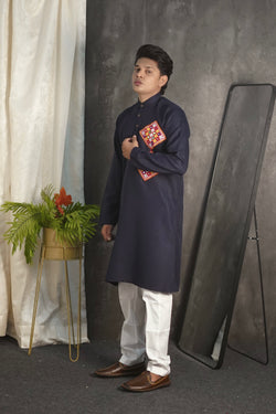 Kutchi Embroidered Navy Blue Kurta
