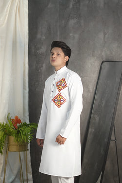 Kutchi Embroidered White Kurta