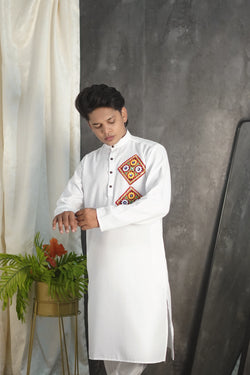 Kutchi Embroidered White Kurta
