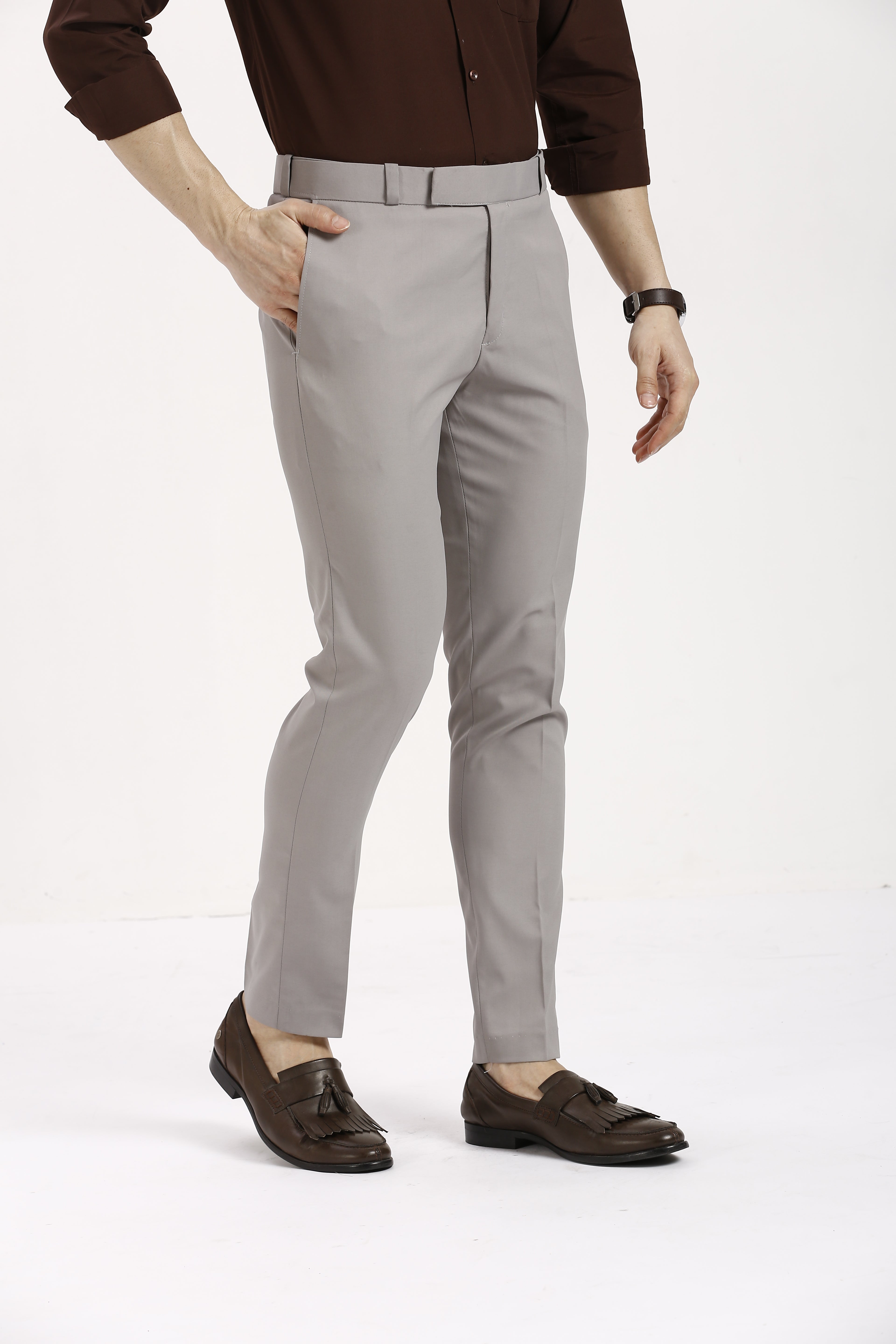 Warm Grey Adjustable Belt Formal Pants