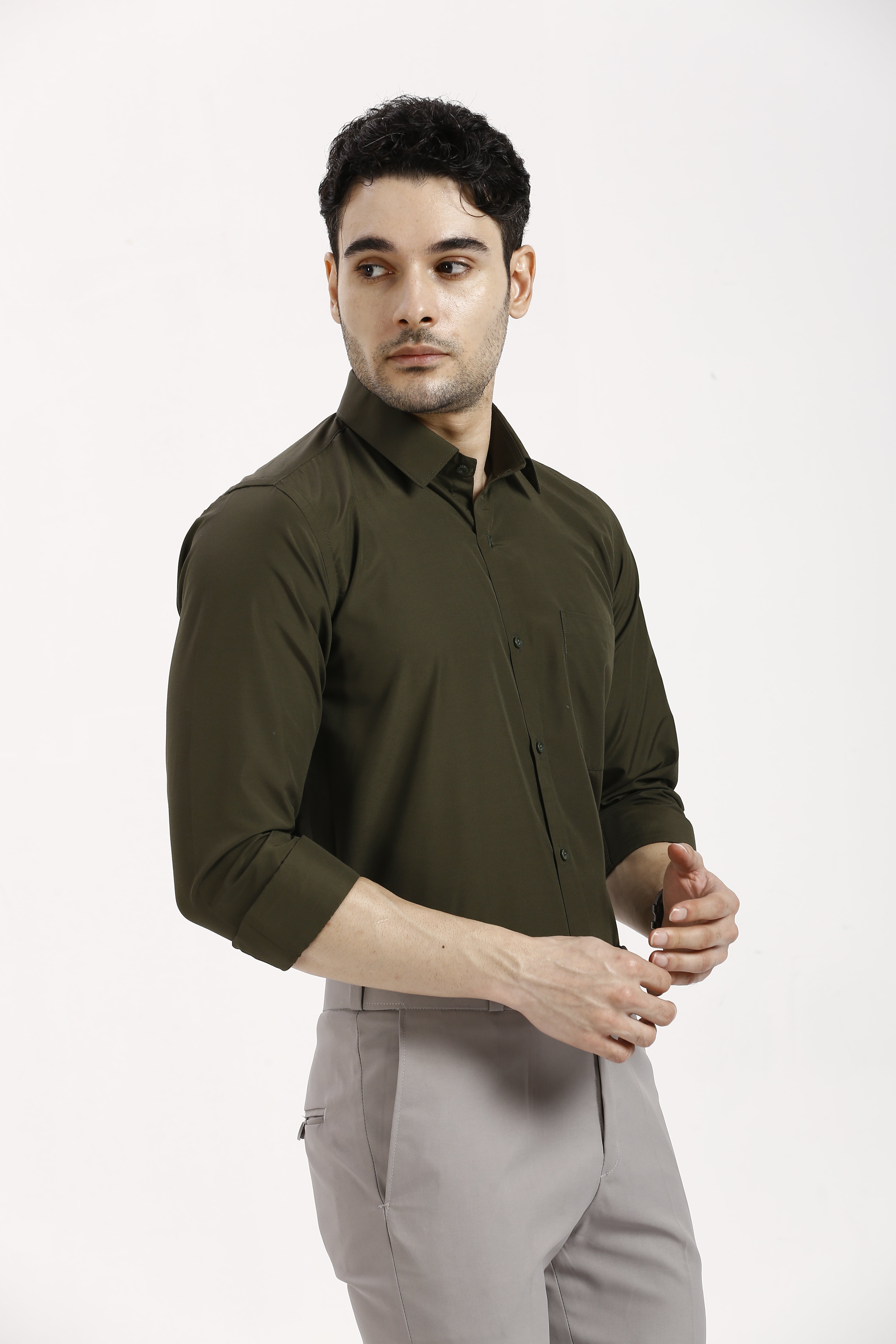 Dark Olive Green Formal Cotton-Poly Shirt