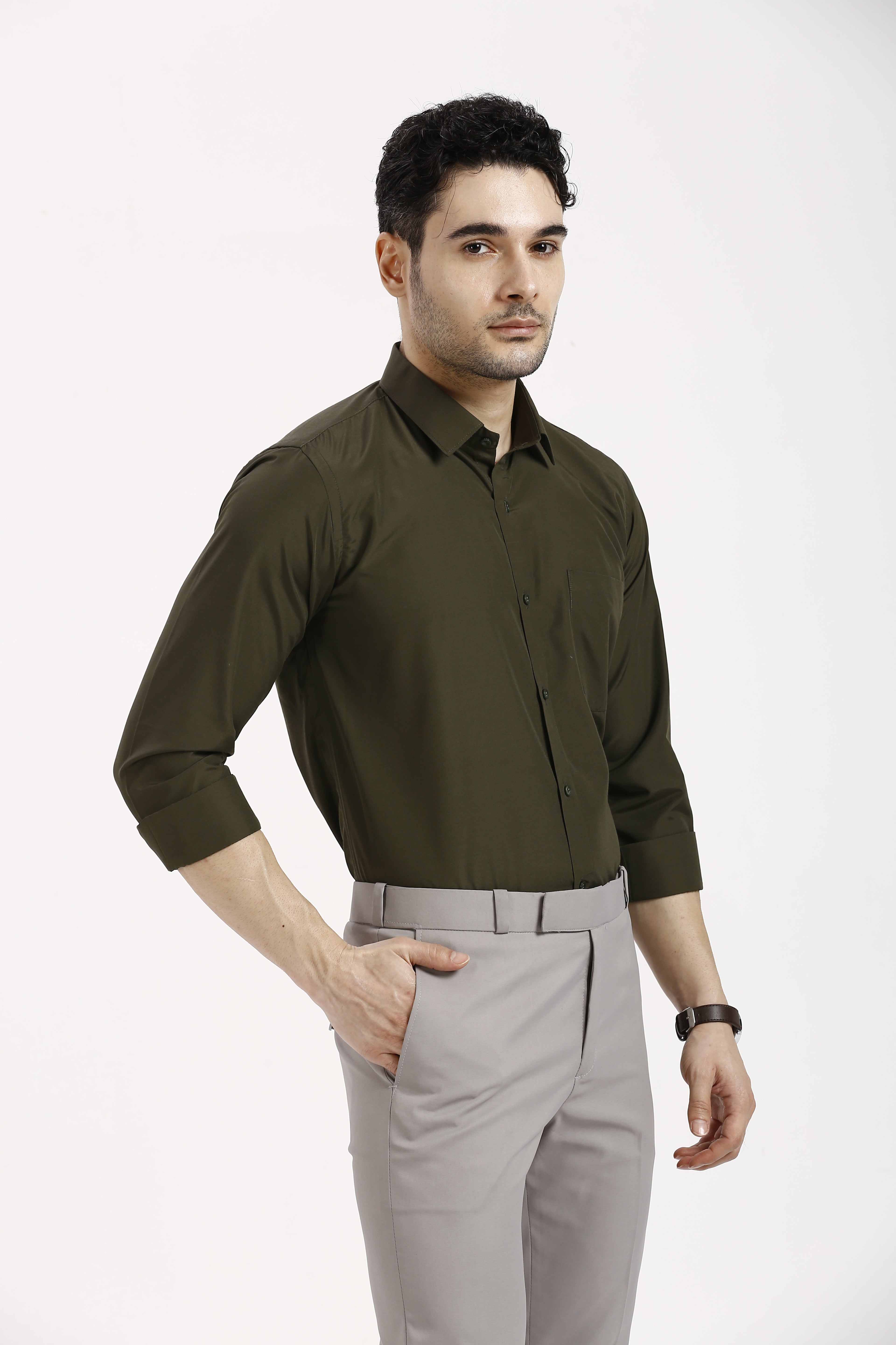 Dark Olive Green Formal Cotton-Poly Shirt