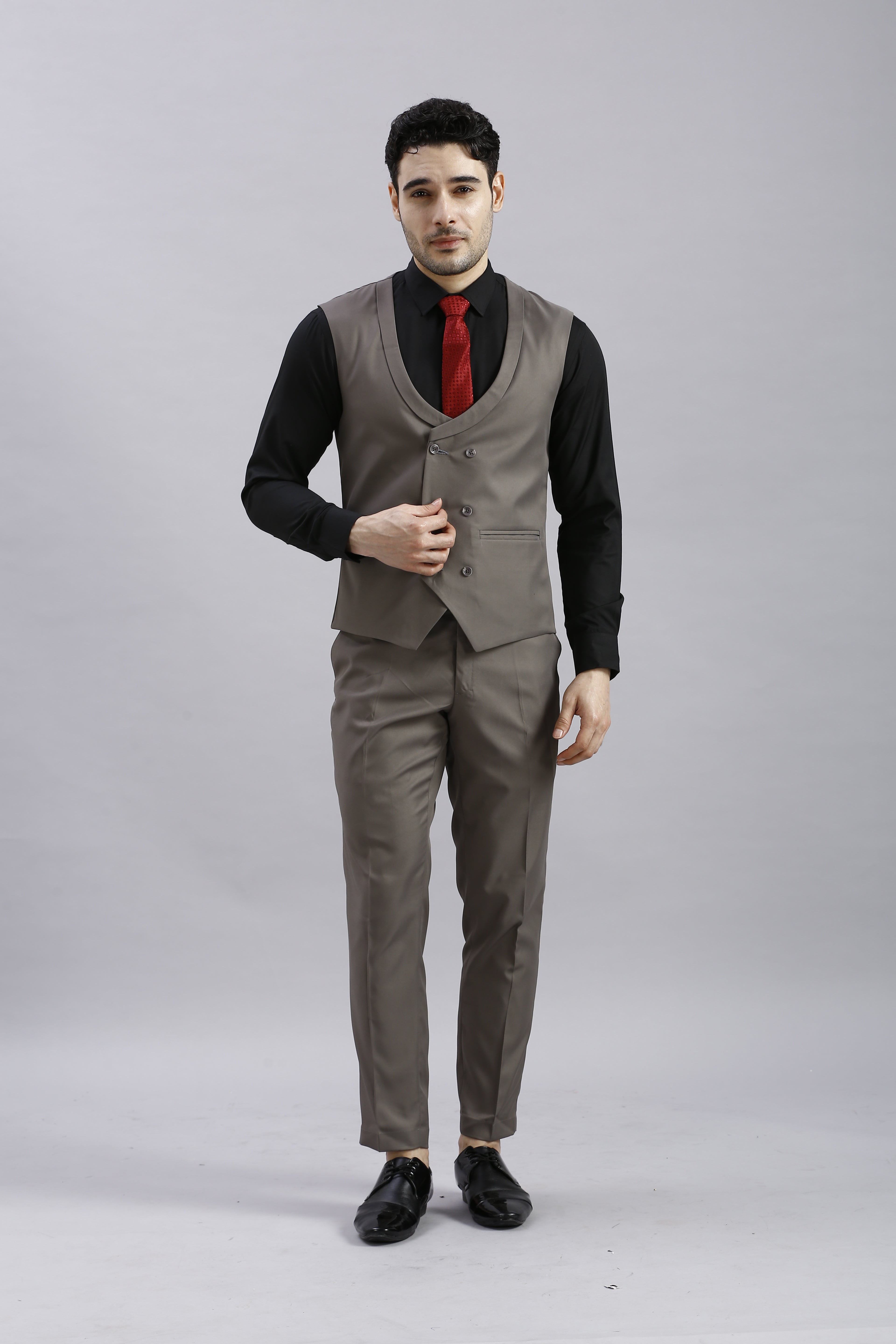 Coffee Brown 5 Piece Suit with Red Accents