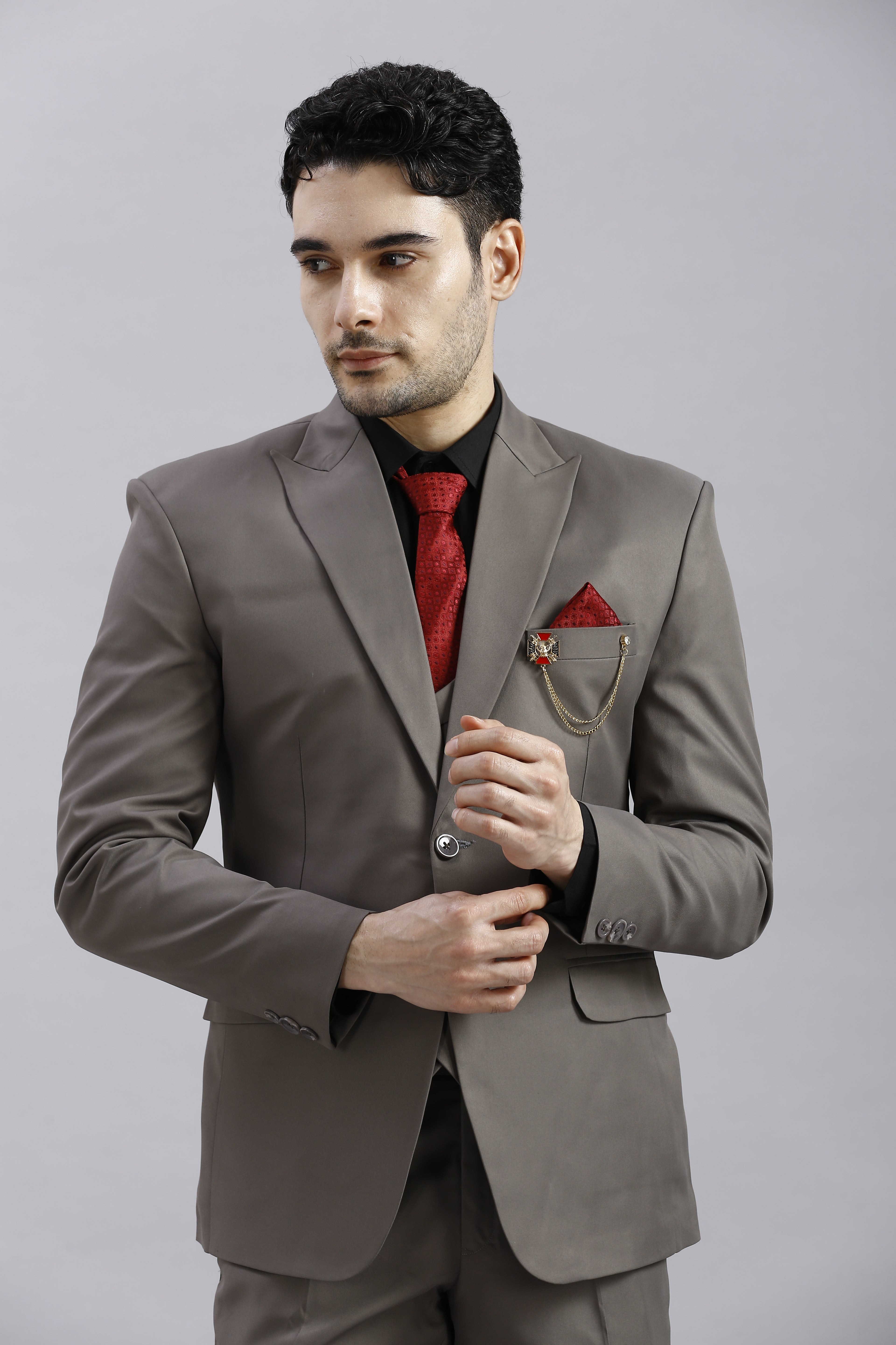 Coffee Brown 5 Piece Suit with Red Accents